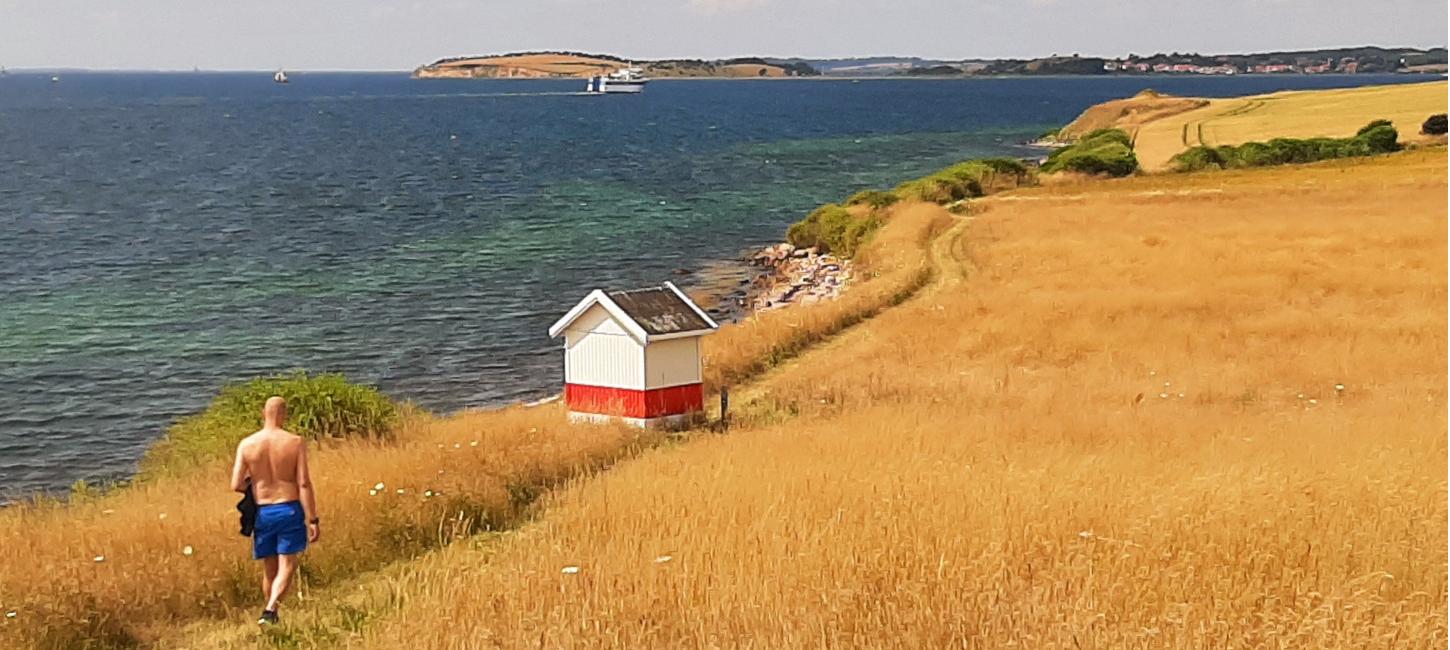 Bjørnø sommeren 2022 | Gæst der vandrer ved Bjørnø Fyr | VisitFaaborg