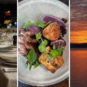 Tredelt billede med udsigt inde og ude hos restaurant Klinten